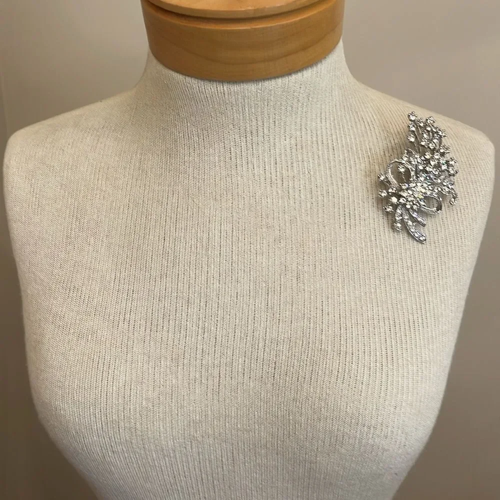 Vintage Silver-tone Rhinestone Floral Spray Floral Arrangement with Bow